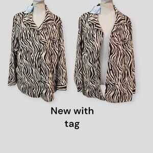 Liz & Me Women's Faux Sueded Zebra Animal Print Brown Tan Shirt Jacket 1X New